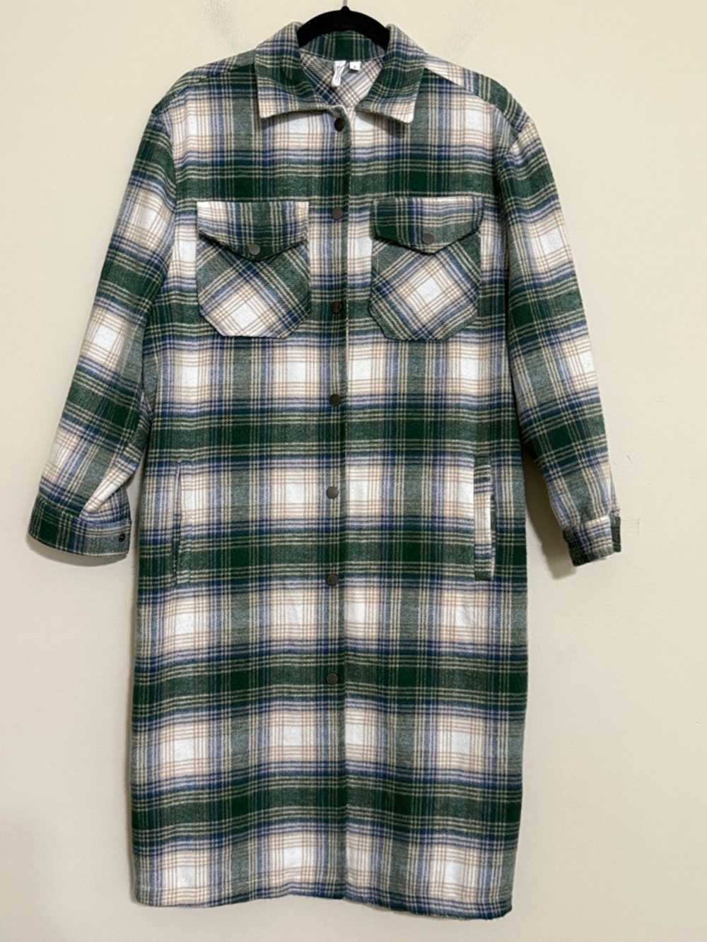 Elan Green Cream Plaid Shacket duster long women s casual festival y2k office